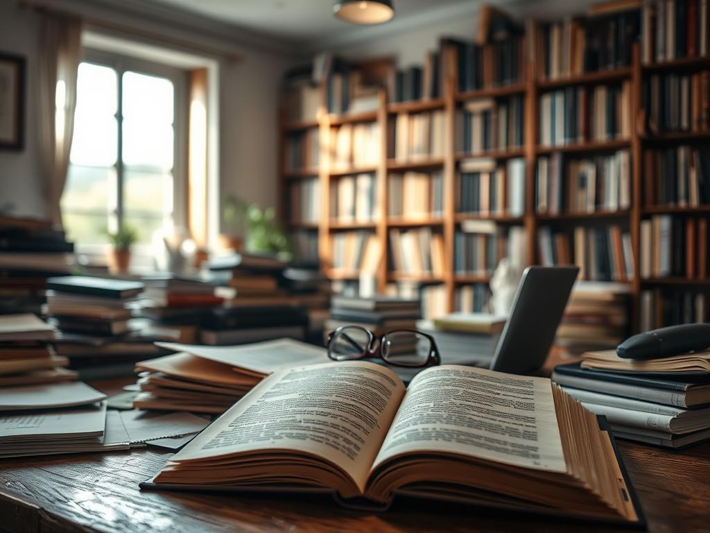 A cozy editorial office, soft light filtering through a large window, casting a warm glow over a cluttered desk. Piles of books, manuscripts, and notes scattered haphazardly, a laptop and a pair of reading glasses perched atop. In the foreground, an open book, its pages turned, revealing the intricate process of translating text from one language to another. The middle ground showcases a bookshelf filled with volumes, a testament to the wealth of literary works waiting to be shared with new audiences. The background fades into a blurred, contemplative atmosphere, suggesting the intellectual and creative energy that fuels the editorial translation process. A cozy editorial office, soft light filtering through a large window, casting a warm glow over a cluttered desk. Piles of books, manuscripts, and notes scattered haphazardly, a laptop and a pair of reading glasses perched atop. In the foreground, an open book, its pages turned, revealing the intricate process of translating text from one language to another. The middle ground showcases a bookshelf filled with volumes, a testament to the wealth of literary works waiting to be shared with new audiences. The background fades into a blurred, contemplative atmosphere, suggesting the intellectual and creative energy that fuels the editorial translation process.