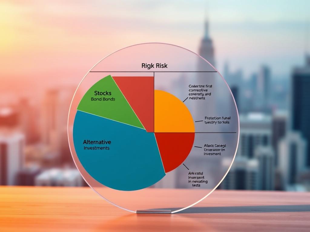A detailed illustration of a balanced investment portfolio for pension funds, showcasing different asset classes and their associated risk profiles. The foreground features a pie chart with clearly defined segments representing stocks, bonds, real estate, and alternative investments. The middle ground depicts the risk spectrum, with a gradient from low to high risk. The background features a subtle cityscape, symbolizing the financial landscape in which these pension funds operate. The lighting is soft and warm, creating a sense of stability and security. The overall composition conveys the concept of carefully evaluating one's risk tolerance when investing in pension funds. A detailed illustration of a balanced investment portfolio for pension funds, showcasing different asset classes and their associated risk profiles. The foreground features a pie chart with clearly defined segments representing stocks, bonds, real estate, and alternative investments. The middle ground depicts the risk spectrum, with a gradient from low to high risk. The background features a subtle cityscape, symbolizing the financial landscape in which these pension funds operate. The lighting is soft and warm, creating a sense of stability and security. The overall composition conveys the concept of carefully evaluating one's risk tolerance when investing in pension funds.