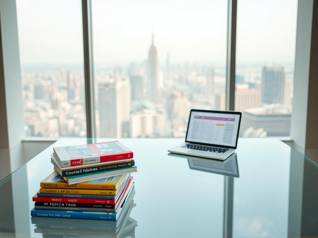 A meticulously crafted online course pricing strategy, set against a chic, minimalist backdrop. In the foreground, a stack of colorful course catalog books, their spines neatly aligned, symbolizing the diverse offerings. The middle ground features a sleek, tempered-glass table, upon which rests a laptop displaying a pricing grid - a visual representation of the strategic approach. Soft, diffused lighting casts a warm, contemplative glow, while a vast, uncluttered window in the background overlooks a bustling city skyline, hinting at the global reach of these online educational opportunities. The overall composition conveys a sense of considered professionalism, designed to captivate and inspire online course creators seeking to maximize their revenue. A meticulously crafted online course pricing strategy, set against a chic, minimalist backdrop. In the foreground, a stack of colorful course catalog books, their spines neatly aligned, symbolizing the diverse offerings. The middle ground features a sleek, tempered-glass table, upon which rests a laptop displaying a pricing grid - a visual representation of the strategic approach. Soft, diffused lighting casts a warm, contemplative glow, while a vast, uncluttered window in the background overlooks a bustling city skyline, hinting at the global reach of these online educational opportunities. The overall composition conveys a sense of considered professionalism, designed to captivate and inspire online course creators seeking to maximize their revenue.