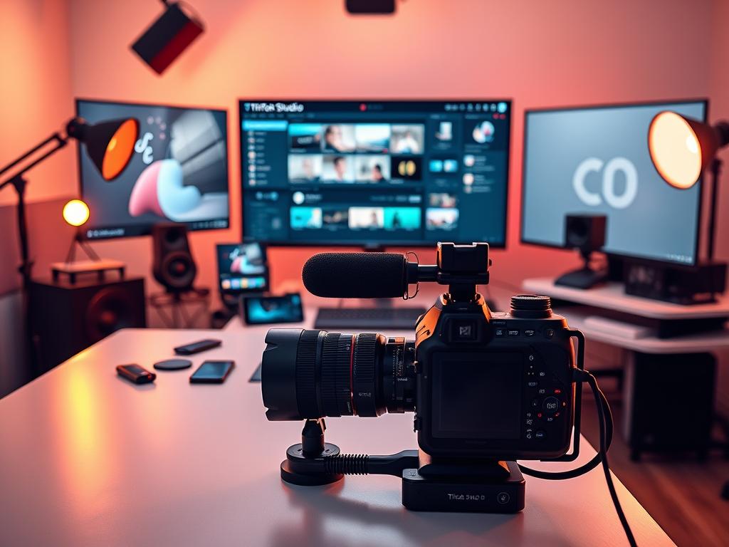 A meticulously crafted studio setup showcasing the essential tools for TikTok content creation. In the foreground, a high-end camera and microphone sit on a sleek, minimalist desk, ready to capture professional-grade footage. The middle ground features an array of editing software and mobile devices, symbolizing the digital workflow of a savvy TikTok creator. In the background, a large monitor displays the TikTok Studio interface, its intuitive controls and features illuminating the powerful suite of creative tools available to the modern content producer. Warm, directional lighting casts a soft, cinematic glow over the scene, evoking a sense of creativity, innovation, and the seamless integration of technology and artistry. A meticulously crafted studio setup showcasing the essential tools for TikTok content creation. In the foreground, a high-end camera and microphone sit on a sleek, minimalist desk, ready to capture professional-grade footage. The middle ground features an array of editing software and mobile devices, symbolizing the digital workflow of a savvy TikTok creator. In the background, a large monitor displays the TikTok Studio interface, its intuitive controls and features illuminating the powerful suite of creative tools available to the modern content producer. Warm, directional lighting casts a soft, cinematic glow over the scene, evoking a sense of creativity, innovation, and the seamless integration of technology and artistry.