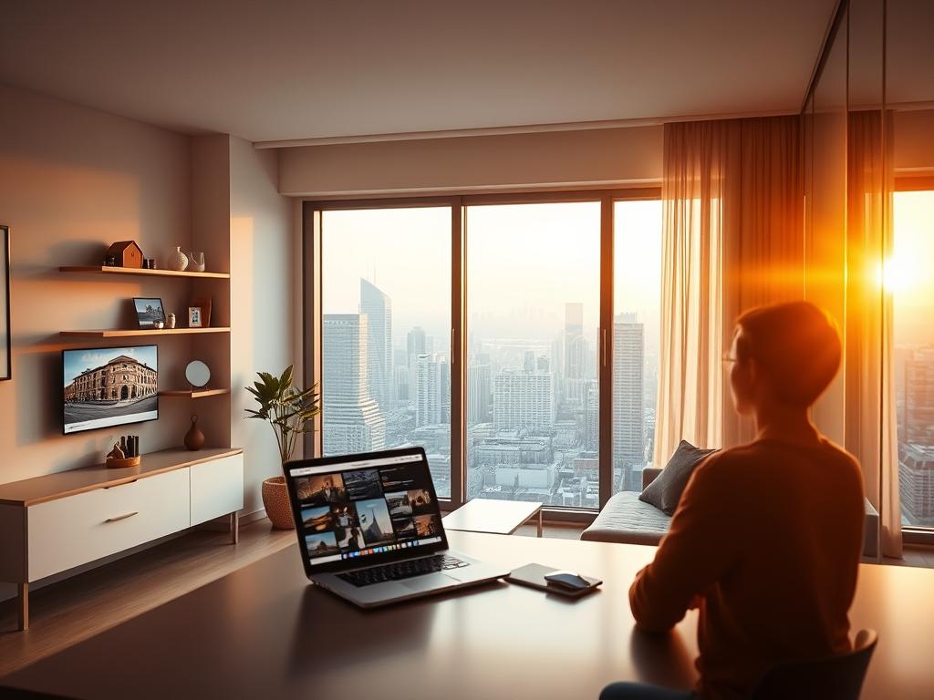 A modern apartment interior with a large window overlooking a cityscape, bathed in warm, natural light. In the foreground, a person sits at a desk, focused on a laptop screen displaying digital real estate investment options. The middle ground features a minimalist, Scandinavian-inspired home office setup, with a sleek, floating shelving unit displaying virtual property representations. The background showcases a vibrant, futuristic metropolis, hinting at the boundless possibilities of digital real estate investments. The overall mood is one of innovation, productivity, and excitement about the potential of this emerging financial landscape. A modern apartment interior with a large window overlooking a cityscape, bathed in warm, natural light. In the foreground, a person sits at a desk, focused on a laptop screen displaying digital real estate investment options. The middle ground features a minimalist, Scandinavian-inspired home office setup, with a sleek, floating shelving unit displaying virtual property representations. The background showcases a vibrant, futuristic metropolis, hinting at the boundless possibilities of digital real estate investments. The overall mood is one of innovation, productivity, and excitement about the potential of this emerging financial landscape.