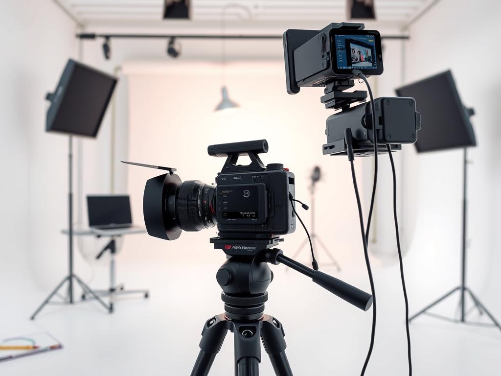 A modern, minimalist video production studio with clean lines and ample natural lighting. In the foreground, a professional-grade camera mounted on a sturdy tripod, capturing the scene. In the middle ground, a softly lit workspace with a laptop, microphone, and other video editing equipment. The background features a plain, neutral-colored backdrop, allowing the subject to be the focal point. The overall atmosphere is one of focus, efficiency, and creativity - the perfect setting for producing engaging online course content. A modern, minimalist video production studio with clean lines and ample natural lighting. In the foreground, a professional-grade camera mounted on a sturdy tripod, capturing the scene. In the middle ground, a softly lit workspace with a laptop, microphone, and other video editing equipment. The background features a plain, neutral-colored backdrop, allowing the subject to be the focal point. The overall atmosphere is one of focus, efficiency, and creativity - the perfect setting for producing engaging online course content.