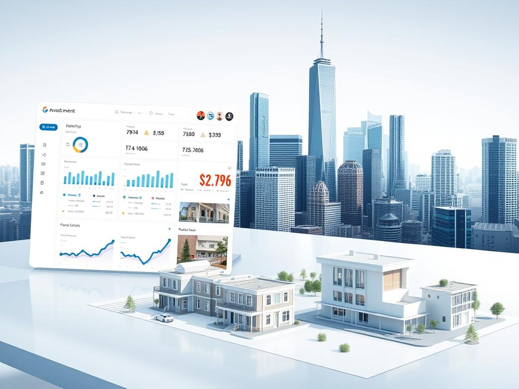 A modern, sleek digital platform interface showcasing various investment opportunities in real estate. The foreground features an intuitive dashboard with data visualizations, investment calculators, and user interaction tools. The middle ground depicts 3D models of residential and commercial properties, highlighting key details like floor plans and projected returns. The background showcases a cityscape skyline with towering skyscrapers, reflecting the scale and scope of the digital real estate investment ecosystem. The lighting is crisp and balanced, with a minimalist color palette of grays, whites, and blues to convey a professional, trustworthy atmosphere. The camera angle is slightly elevated, providing an overview of the comprehensive platform experience. A modern, sleek digital platform interface showcasing various investment opportunities in real estate. The foreground features an intuitive dashboard with data visualizations, investment calculators, and user interaction tools. The middle ground depicts 3D models of residential and commercial properties, highlighting key details like floor plans and projected returns. The background showcases a cityscape skyline with towering skyscrapers, reflecting the scale and scope of the digital real estate investment ecosystem. The lighting is crisp and balanced, with a minimalist color palette of grays, whites, and blues to convey a professional, trustworthy atmosphere. The camera angle is slightly elevated, providing an overview of the comprehensive platform experience.