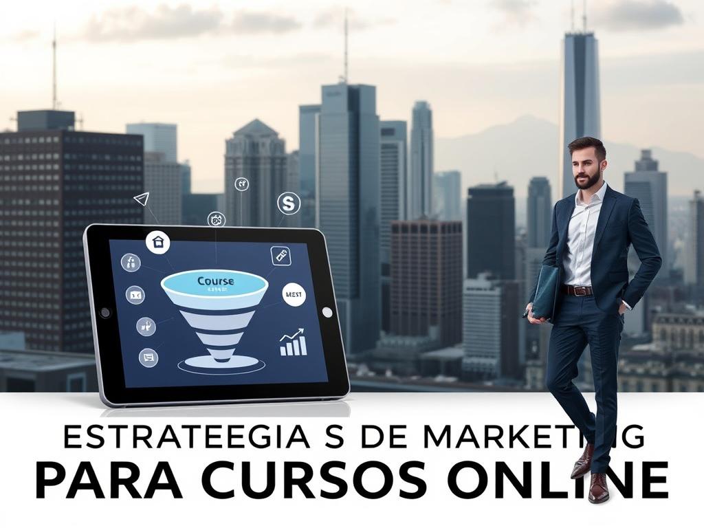 A modern, sleek graphic design for "Estrategias de marketing para cursos online". In the foreground, a well-dressed professional stands confidently, laptop in hand, surrounded by digital marketing icons and symbols. The middle ground features a tablet displaying a course sales funnel, while the background showcases a cityscape with towering skyscrapers, conveying a sense of urban sophistication. The lighting is soft and directional, creating depth and highlighting the key elements. The overall mood is one of strategic planning, technological savvy, and a polished, professional approach to online course marketing. A modern, sleek graphic design for "Estrategias de marketing para cursos online". In the foreground, a well-dressed professional stands confidently, laptop in hand, surrounded by digital marketing icons and symbols. The middle ground features a tablet displaying a course sales funnel, while the background showcases a cityscape with towering skyscrapers, conveying a sense of urban sophistication. The lighting is soft and directional, creating depth and highlighting the key elements. The overall mood is one of strategic planning, technological savvy, and a polished, professional approach to online course marketing.