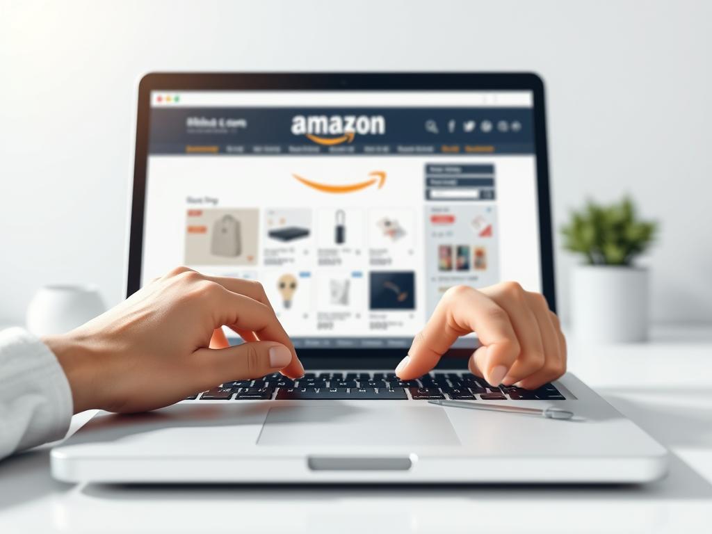 A photorealistic illustration of the Amazon purchasing process, depicting a person's hands on a laptop or desktop computer, navigating through the website's interface. The scene should have a clean, minimalist aesthetic, with a bright and airy lighting setup that creates a sense of clarity and simplicity. The foreground should focus on the user's interaction with the Amazon platform, showcasing key steps like browsing products, adding items to the cart, and initiating the checkout process. The background should be a neutral, slightly blurred environment, allowing the main action to take center stage. The overall mood should convey efficiency, professionalism, and the ease of shopping on the Amazon platform. A photorealistic illustration of the Amazon purchasing process, depicting a person's hands on a laptop or desktop computer, navigating through the website's interface. The scene should have a clean, minimalist aesthetic, with a bright and airy lighting setup that creates a sense of clarity and simplicity. The foreground should focus on the user's interaction with the Amazon platform, showcasing key steps like browsing products, adding items to the cart, and initiating the checkout process. The background should be a neutral, slightly blurred environment, allowing the main action to take center stage. The overall mood should convey efficiency, professionalism, and the ease of shopping on the Amazon platform.