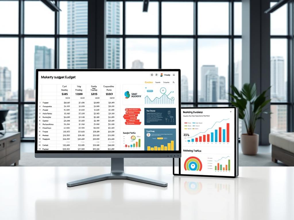 A professional, well-designed marketing budget presentation for a local business, with a clean, minimalist layout. The foreground features a sleek, responsive spreadsheet-like interface displaying detailed cost breakdowns and projections for various marketing channels. The middle ground showcases infographic-style visualizations of audience demographics, website traffic data, and social media performance metrics. The background depicts a modern office setting with large windows offering a cityscape view, conveying a sense of professionalism and strategic planning. The overall mood is one of data-driven decision making, financial responsibility, and a commitment to effective local marketing. A professional, well-designed marketing budget presentation for a local business, with a clean, minimalist layout. The foreground features a sleek, responsive spreadsheet-like interface displaying detailed cost breakdowns and projections for various marketing channels. The middle ground showcases infographic-style visualizations of audience demographics, website traffic data, and social media performance metrics. The background depicts a modern office setting with large windows offering a cityscape view, conveying a sense of professionalism and strategic planning. The overall mood is one of data-driven decision making, financial responsibility, and a commitment to effective local marketing.