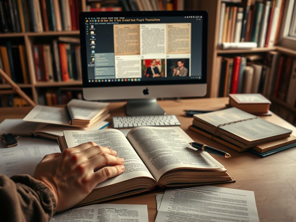 A softly lit desktop with an open book, pen, and scattered notes. In the foreground, a pair of hands carefully translating text from one language to another, the process of literary translation. In the middle ground, a computer screen displays linguistic tools and reference materials. The background features shelves of diverse books, representing the rich cultural tapestry being woven through the art of literary translation. Warm, muted tones evoke the contemplative nature of this intellectual endeavor, the dedication and attention to detail required to bridge linguistic and cultural divides. A softly lit desktop with an open book, pen, and scattered notes. In the foreground, a pair of hands carefully translating text from one language to another, the process of literary translation. In the middle ground, a computer screen displays linguistic tools and reference materials. The background features shelves of diverse books, representing the rich cultural tapestry being woven through the art of literary translation. Warm, muted tones evoke the contemplative nature of this intellectual endeavor, the dedication and attention to detail required to bridge linguistic and cultural divides.
