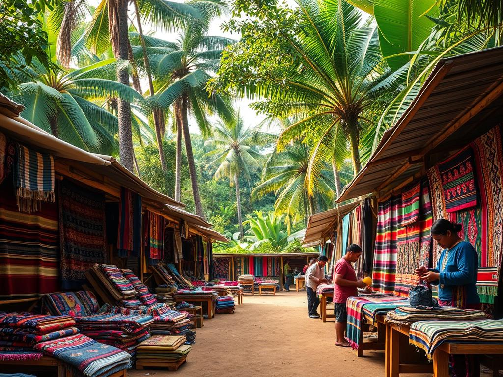 A vibrant Andean textile market in the heart of the Amazon, with intricately woven fabrics, colorful patterns, and traditional weaving techniques on display. In the foreground, a variety of handcrafted Peruvian products, including blankets, rugs, and tapestries, are laid out on wooden stalls. Artisans in traditional Andean attire work diligently, showcasing their skills. The middle ground features a lush, verdant backdrop of towering Amazon rainforest trees, casting a warm, natural light across the scene. The overall atmosphere conveys a sense of cultural richness, authenticity, and the fusion of Andean and Amazonian influences. A vibrant Andean textile market in the heart of the Amazon, with intricately woven fabrics, colorful patterns, and traditional weaving techniques on display. In the foreground, a variety of handcrafted Peruvian products, including blankets, rugs, and tapestries, are laid out on wooden stalls. Artisans in traditional Andean attire work diligently, showcasing their skills. The middle ground features a lush, verdant backdrop of towering Amazon rainforest trees, casting a warm, natural light across the scene. The overall atmosphere conveys a sense of cultural richness, authenticity, and the fusion of Andean and Amazonian influences.