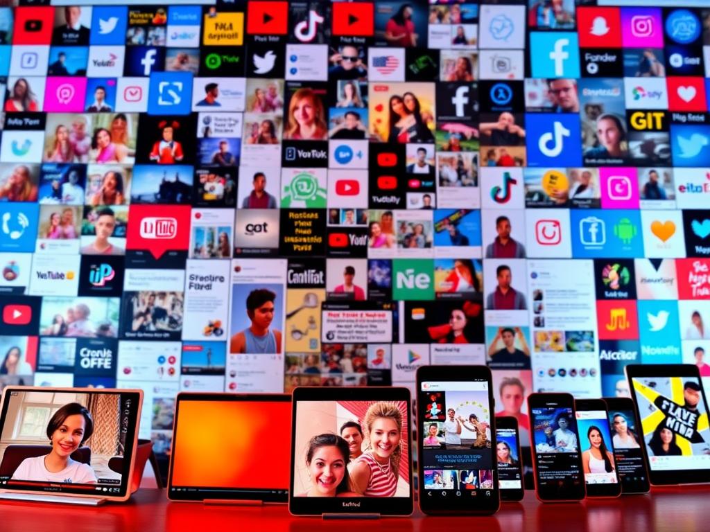 A vibrant, dynamic composition showcasing various types of successful social media content. In the foreground, a group of engaging video thumbnails representing popular YouTube and TikTok trends like tutorials, challenges, comedy skits, and personal vlogs. In the middle ground, a mosaic of eye-catching social media post layouts with bold graphics, captivating imagery, and compelling captions. In the background, a collage of social media platform logos and trending hashtags, conveying the ever-evolving digital landscape. The scene is illuminated by a warm, inviting lighting, creating a sense of energy and inspiration. Captured with a wide-angle lens to provide a comprehensive overview of the diverse content ecosystem. A vibrant, dynamic composition showcasing various types of successful social media content. In the foreground, a group of engaging video thumbnails representing popular YouTube and TikTok trends like tutorials, challenges, comedy skits, and personal vlogs. In the middle ground, a mosaic of eye-catching social media post layouts with bold graphics, captivating imagery, and compelling captions. In the background, a collage of social media platform logos and trending hashtags, conveying the ever-evolving digital landscape. The scene is illuminated by a warm, inviting lighting, creating a sense of energy and inspiration. Captured with a wide-angle lens to provide a comprehensive overview of the diverse content ecosystem.