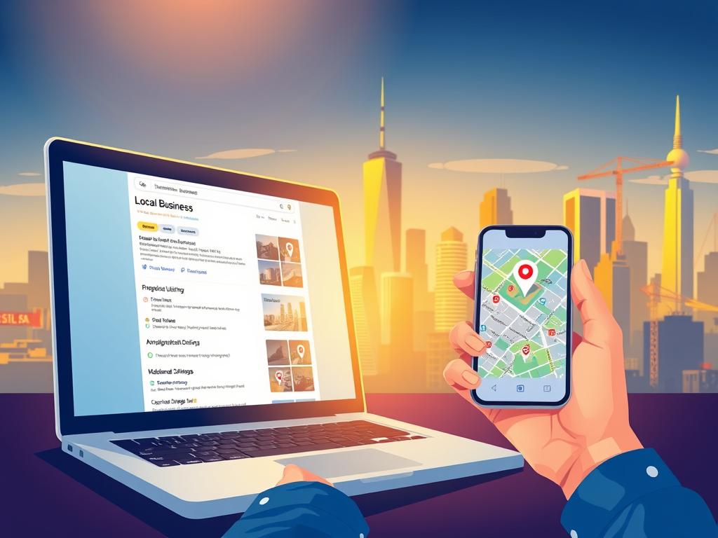 A vibrant illustration showcasing the key elements of local SEO optimization for businesses. In the foreground, a laptop screen displays a search engine results page, with a local business listing prominently featured. In the middle ground, a hand holds a smartphone, with maps and location-based data visible on the screen. In the background, a city skyline with distinct landmarks and signage conveys a sense of a thriving local market. The scene is illuminated by warm, golden lighting, creating a sense of energy and productivity. The overall composition emphasizes the importance of optimizing online presence and leveraging local search to drive growth for small and medium-sized enterprises. A vibrant illustration showcasing the key elements of local SEO optimization for businesses. In the foreground, a laptop screen displays a search engine results page, with a local business listing prominently featured. In the middle ground, a hand holds a smartphone, with maps and location-based data visible on the screen. In the background, a city skyline with distinct landmarks and signage conveys a sense of a thriving local market. The scene is illuminated by warm, golden lighting, creating a sense of energy and productivity. The overall composition emphasizes the importance of optimizing online presence and leveraging local search to drive growth for small and medium-sized enterprises.