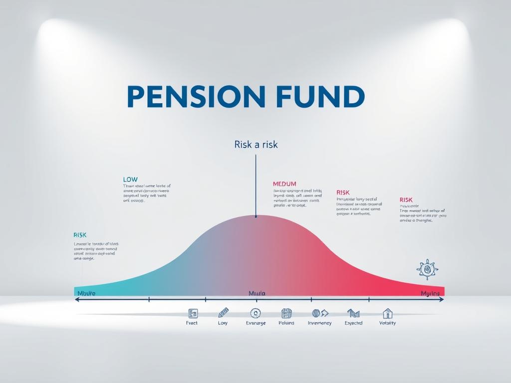 A vibrant infographic showcasing the varying levels of risk associated with different pension fund options. In the foreground, a clear, detailed visualization of the risk spectrum, with distinct segments representing low, medium, and high-risk funds. The middle ground features neatly organized icons and symbols denoting the key characteristics of each fund type, including their investment strategies, expected returns, and volatility. The background sets a professional, corporate atmosphere with a clean, minimalist design and subtle, directional lighting that draws the eye to the central information. The overall composition conveys a sense of clarity, authority, and financial expertise, suitable for educating readers on the nuances of pension fund investments. A vibrant infographic showcasing the varying levels of risk associated with different pension fund options. In the foreground, a clear, detailed visualization of the risk spectrum, with distinct segments representing low, medium, and high-risk funds. The middle ground features neatly organized icons and symbols denoting the key characteristics of each fund type, including their investment strategies, expected returns, and volatility. The background sets a professional, corporate atmosphere with a clean, minimalist design and subtle, directional lighting that draws the eye to the central information. The overall composition conveys a sense of clarity, authority, and financial expertise, suitable for educating readers on the nuances of pension fund investments.