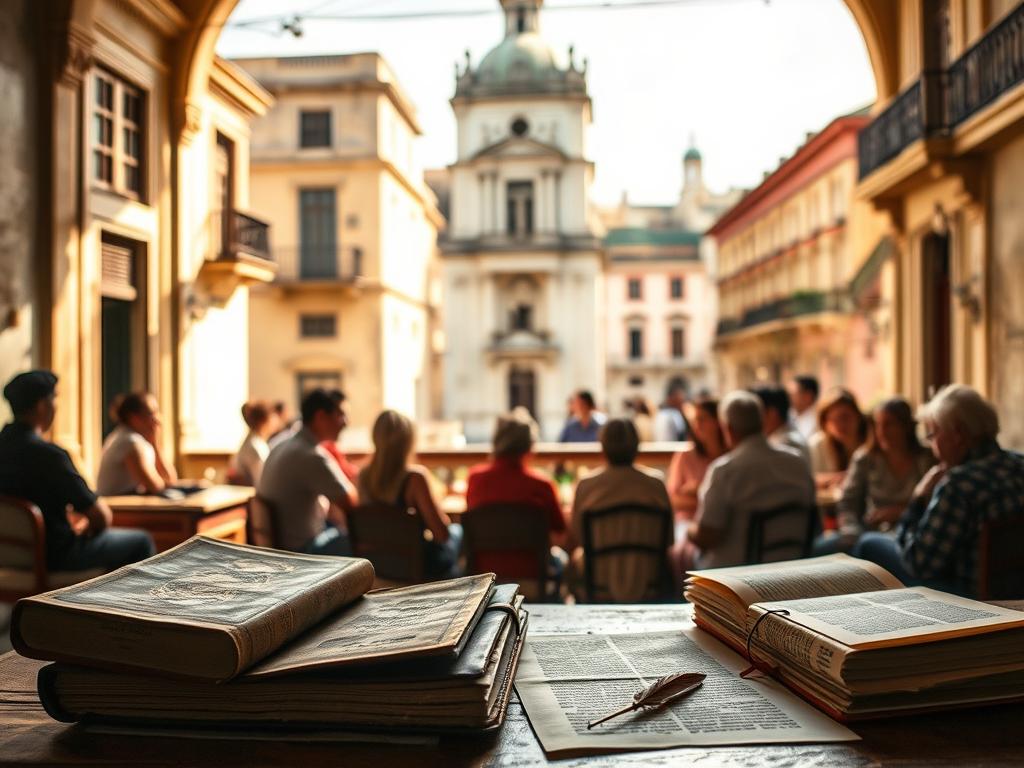 A vibrant literary landscape, where the art of translation flourishes amidst the rich cultural tapestry of Cuba. In the foreground, a writer's desk adorned with worn leather-bound books and a quill, symbolizing the meticulous craft of literary translation. The middle ground features a lively gathering of writers, scholars, and translators, engaged in animated discussions, sharing their insights and experiences. In the background, the iconic architecture of Havana serves as a backdrop, its colonial charm and vibrancy setting the stage for this literary exchange. Soft, warm lighting filters through the windows, casting a golden glow and evoking a sense of intellectual contemplation. The overall scene conveys the passion, dedication, and intellectual rigor that characterize the practice of literary translation in Cuba. A vibrant literary landscape, where the art of translation flourishes amidst the rich cultural tapestry of Cuba. In the foreground, a writer's desk adorned with worn leather-bound books and a quill, symbolizing the meticulous craft of literary translation. The middle ground features a lively gathering of writers, scholars, and translators, engaged in animated discussions, sharing their insights and experiences. In the background, the iconic architecture of Havana serves as a backdrop, its colonial charm and vibrancy setting the stage for this literary exchange. Soft, warm lighting filters through the windows, casting a golden glow and evoking a sense of intellectual contemplation. The overall scene conveys the passion, dedication, and intellectual rigor that characterize the practice of literary translation in Cuba.