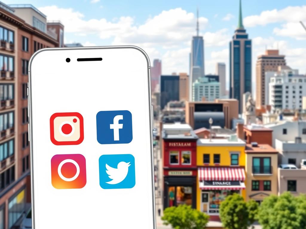 A vibrant, visually engaging illustration of various social media platforms, designed to showcase their potential for local businesses. In the foreground, a sleek smartphone displays the logos of popular social media apps - Instagram, Facebook, Twitter, and LinkedIn - against a minimalist, white background. The middle ground features a collection of local business icons, such as a coffee shop, a boutique, and a small restaurant, each seamlessly integrated with the corresponding social media platform. The background showcases a bustling urban cityscape, with a mix of modern and traditional architecture, subtly hinting at the diverse local community. The overall composition is balanced, with a focus on simplicity and functionality, highlighting the seamless integration of social media and local business growth. A vibrant, visually engaging illustration of various social media platforms, designed to showcase their potential for local businesses. In the foreground, a sleek smartphone displays the logos of popular social media apps - Instagram, Facebook, Twitter, and LinkedIn - against a minimalist, white background. The middle ground features a collection of local business icons, such as a coffee shop, a boutique, and a small restaurant, each seamlessly integrated with the corresponding social media platform. The background showcases a bustling urban cityscape, with a mix of modern and traditional architecture, subtly hinting at the diverse local community. The overall composition is balanced, with a focus on simplicity and functionality, highlighting the seamless integration of social media and local business growth.