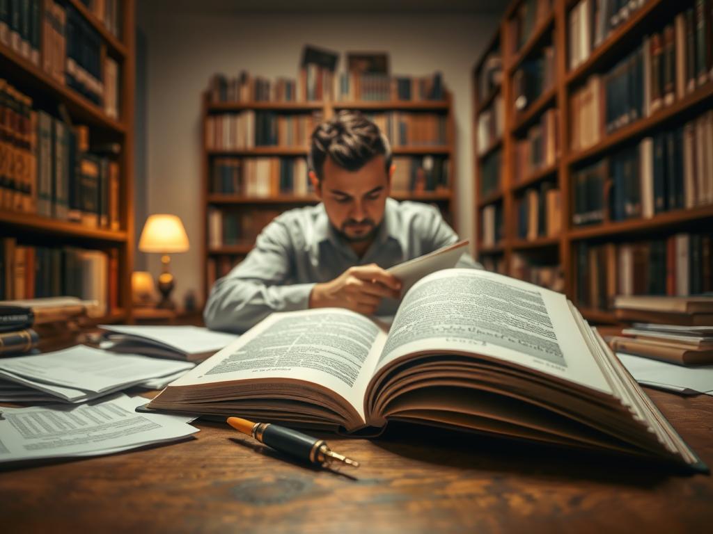A well-lit literary translation scene, captured with a wide-angle lens. In the foreground, a wooden desk holds an open book, quill, and scattered papers - the tools of the literary translator's trade. In the middle ground, a figure in deep concentration, eyes focused on the page, brow furrowed in thought. Bookshelves line the walls, filled with volumes in multiple languages, hinting at the vast knowledge required. Soft, warm lighting casts a contemplative glow, evoking the serious nature of the literary translation process. The atmosphere is one of intellectual focus, precision, and the nuanced understanding needed to faithfully render literary works across linguistic and cultural boundaries. A well-lit literary translation scene, captured with a wide-angle lens. In the foreground, a wooden desk holds an open book, quill, and scattered papers - the tools of the literary translator's trade. In the middle ground, a figure in deep concentration, eyes focused on the page, brow furrowed in thought. Bookshelves line the walls, filled with volumes in multiple languages, hinting at the vast knowledge required. Soft, warm lighting casts a contemplative glow, evoking the serious nature of the literary translation process. The atmosphere is one of intellectual focus, precision, and the nuanced understanding needed to faithfully render literary works across linguistic and cultural boundaries.