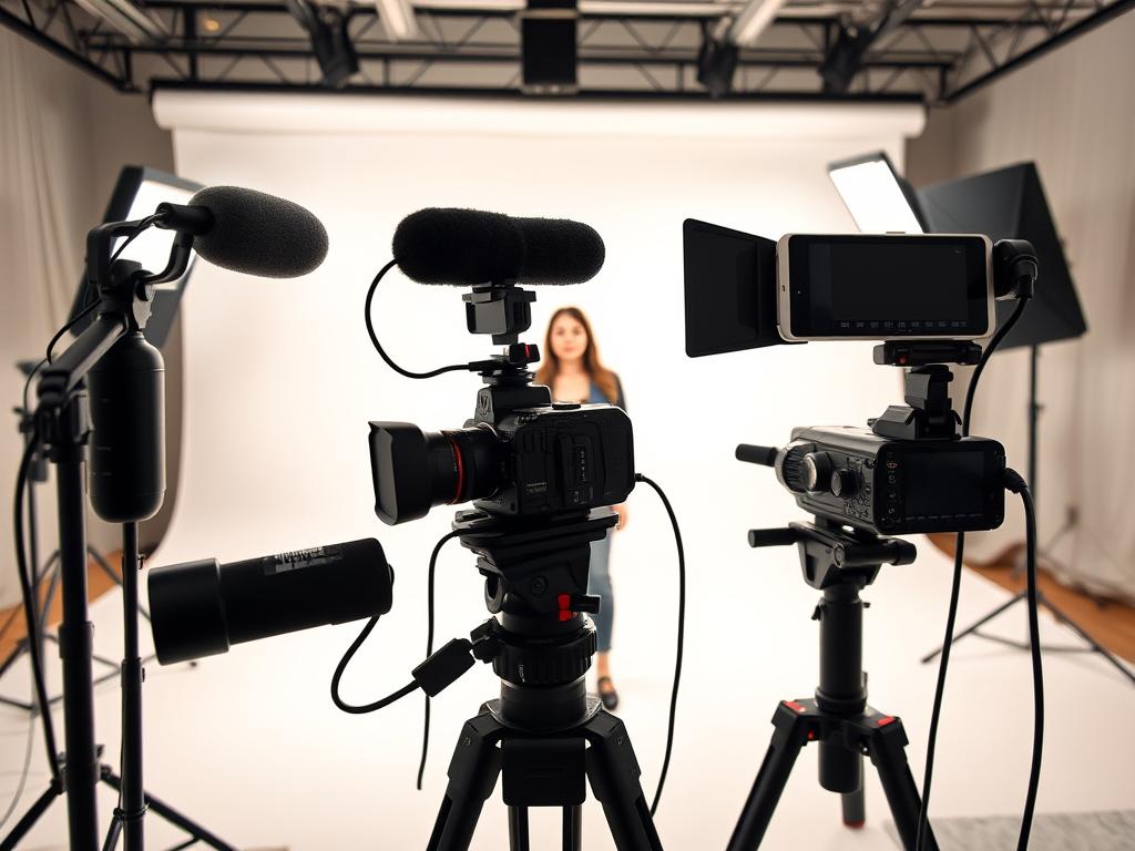 A well-lit studio setting featuring a professional vlogger recording high-quality video content. The foreground showcases a modern camera setup with various accessories, including a microphone, lighting rig, and a sleek, minimalist tripod. The middle ground depicts the vlogger, dressed in a stylish outfit, intently focused on the camera, delivering an engaging presentation. The background is a clean, neutral-toned space with subtle textural elements, creating a visually appealing and professional backdrop. The overall scene conveys a sense of expertise, attention to detail, and a commitment to producing exceptional video content. A well-lit studio setting featuring a professional vlogger recording high-quality video content. The foreground showcases a modern camera setup with various accessories, including a microphone, lighting rig, and a sleek, minimalist tripod. The middle ground depicts the vlogger, dressed in a stylish outfit, intently focused on the camera, delivering an engaging presentation. The background is a clean, neutral-toned space with subtle textural elements, creating a visually appealing and professional backdrop. The overall scene conveys a sense of expertise, attention to detail, and a commitment to producing exceptional video content.