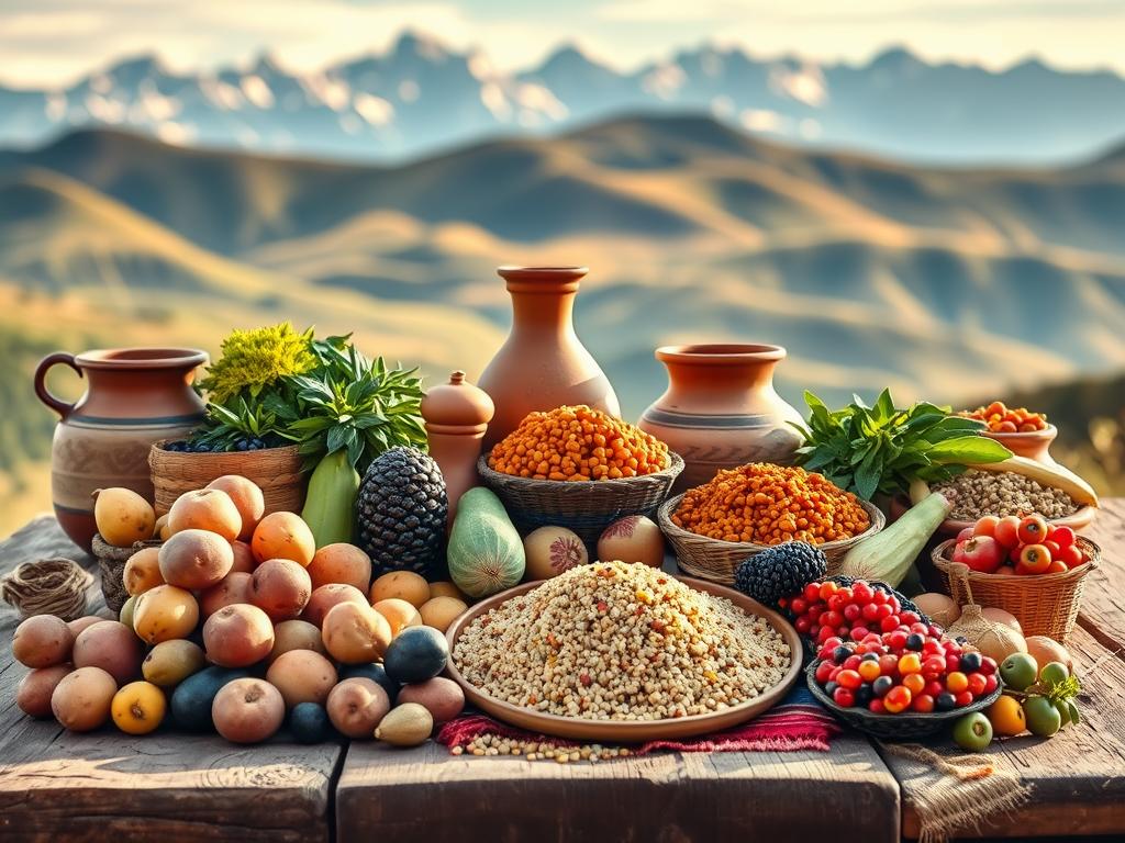 Evaluación de productos andinos: A meticulously curated still life showcasing a selection of vibrant Andean produce. In the foreground, an array of colorful potatoes, quinoa, and Andean berries are artfully arranged on a rustic wooden table, bathed in warm, natural lighting. In the middle ground, clay vessels and woven textiles add layers of textures and cultural references. The background features a softly blurred landscape of rolling hills and snow-capped peaks, evoking the majestic Andes. The overall composition is balanced and harmonious, inviting the viewer to appreciate the beauty and diversity of these remarkable Andean treasures. Evaluación de productos andinos: A meticulously curated still life showcasing a selection of vibrant Andean produce. In the foreground, an array of colorful potatoes, quinoa, and Andean berries are artfully arranged on a rustic wooden table, bathed in warm, natural lighting. In the middle ground, clay vessels and woven textiles add layers of textures and cultural references. The background features a softly blurred landscape of rolling hills and snow-capped peaks, evoking the majestic Andes. The overall composition is balanced and harmonious, inviting the viewer to appreciate the beauty and diversity of these remarkable Andean treasures.