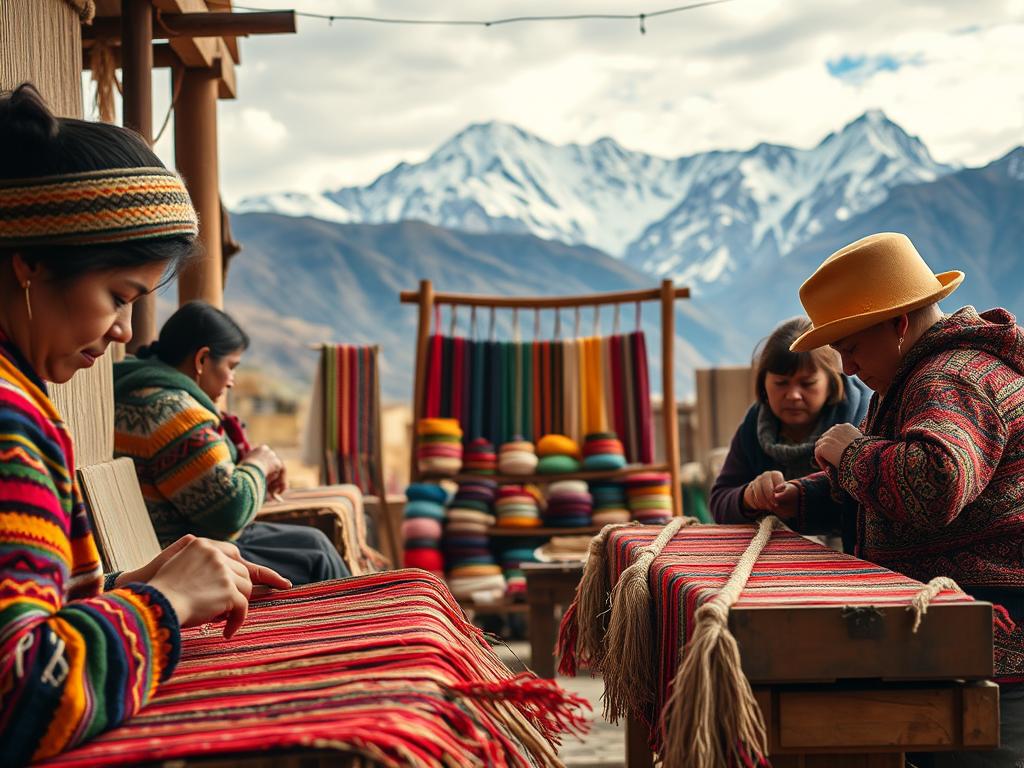 Técnicas ancestrales textiles: A vibrant tapestry of Andean heritage. In the foreground, skilled artisans carefully weave intricate patterns using traditional looms, their nimble fingers guiding vibrant threads of alpaca wool and natural dyes. The middle ground reveals a display of beautifully crafted textile products, each piece a testament to the region's rich cultural legacy. In the background, the majestic Andes mountains stand tall, their snow-capped peaks serving as a breathtaking backdrop to this celebration of Andean craftsmanship. Warm, diffused lighting bathes the scene, capturing the timeless essence of these time-honored textile techniques passed down through generations. Técnicas ancestrales textiles: A vibrant tapestry of Andean heritage. In the foreground, skilled artisans carefully weave intricate patterns using traditional looms, their nimble fingers guiding vibrant threads of alpaca wool and natural dyes. The middle ground reveals a display of beautifully crafted textile products, each piece a testament to the region's rich cultural legacy. In the background, the majestic Andes mountains stand tall, their snow-capped peaks serving as a breathtaking backdrop to this celebration of Andean craftsmanship. Warm, diffused lighting bathes the scene, capturing the timeless essence of these time-honored textile techniques passed down through generations.