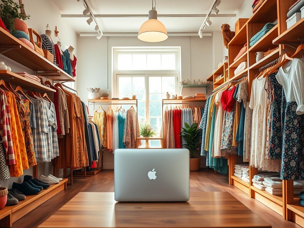 A bright and airy Etsy storefront with carefully curated vintage clothing displayed on wooden shelves and racks. The foreground showcases various items such as colorful dresses, blouses, and accessories, all arranged in an eye-catching manner. The middle ground features a laptop or tablet, representing the process of optimizing the store's listings. The background includes a warm, natural lighting source, perhaps a large window, and a clean, minimalist decor that complements the vintage aesthetic. The overall atmosphere conveys a sense of organization, professionalism, and a keen eye for detail, reflecting the practical steps involved in selling vintage clothing on Etsy.