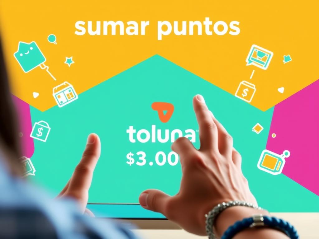 A bright and vibrant scene depicting the process of "sumar puntos" (earning points) in the context of Toluna's paid surveys. In the foreground, a person's hands excitedly tapping on a tablet or smartphone, their expression conveying a sense of accomplishment as points accumulate on the screen. In the middle ground, a stylized Toluna logo and brand elements, reinforcing the connection to the survey platform. The background features a cheerful, colorful gradient, with playful geometric shapes and icons representing the various ways to earn points, such as completing surveys, participating in challenges, or referring friends. The overall mood is one of engagement, reward, and the satisfaction of building up one's Toluna account balance through active participation.