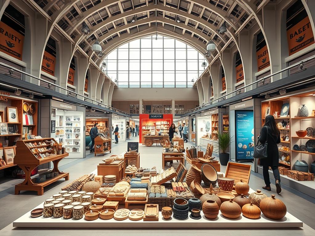 A bustling digital marketplace with a vibrant, modern aesthetic. In the foreground, an array of handcrafted artisanal products are neatly displayed on a clean, minimalist platform. The middle ground showcases various vendor booths, each with a distinct visual identity, creating a sense of diversity and creativity. In the background, a sleek, contemporary architecture frames the scene, conveying a sense of professionalism and high-quality. The lighting is soft and even, highlighting the textures and colors of the crafted goods. The overall atmosphere is one of an inviting, well-curated online fair, where the beauty and uniqueness of artisanal products take center stage. A bustling digital marketplace with a vibrant, modern aesthetic. In the foreground, an array of handcrafted artisanal products are neatly displayed on a clean, minimalist platform. The middle ground showcases various vendor booths, each with a distinct visual identity, creating a sense of diversity and creativity. In the background, a sleek, contemporary architecture frames the scene, conveying a sense of professionalism and high-quality. The lighting is soft and even, highlighting the textures and colors of the crafted goods. The overall atmosphere is one of an inviting, well-curated online fair, where the beauty and uniqueness of artisanal products take center stage.