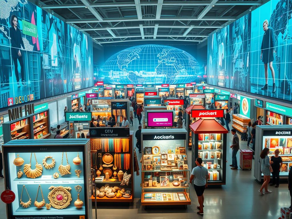 A bustling global marketplace with vibrant online shopping platforms. The foreground features various artisanal products - handcrafted jewelry, textiles, ceramics, and more - displayed on sleek digital storefronts. In the middle ground, a diverse array of virtual vendor booths and interactive interfaces showcase the international reach of these e-commerce hubs. The background depicts an abstract, tech-infused landscape - glowing digital grids, holographic signage, and a sense of interconnectedness that transcends physical borders. The lighting is clean, crisp, and modern, evoking a professional, polished atmosphere perfect for showcasing the artisanal wares. The overall mood is one of vibrant, worldwide connectivity, where local craftsmanship can find a global audience. Prompt A bustling global marketplace with vibrant online shopping platforms. The foreground features various artisanal products - handcrafted jewelry, textiles, ceramics, and more - displayed on sleek digital storefronts. In the middle ground, a diverse array of virtual vendor booths and interactive interfaces showcase the international reach of these e-commerce hubs. The background depicts an abstract, tech-infused landscape - glowing digital grids, holographic signage, and a sense of interconnectedness that transcends physical borders. The lighting is clean, crisp, and modern, evoking a professional, polished atmosphere perfect for showcasing the artisanal wares. The overall mood is one of vibrant, worldwide connectivity, where local craftsmanship can find a global audience. Prompt