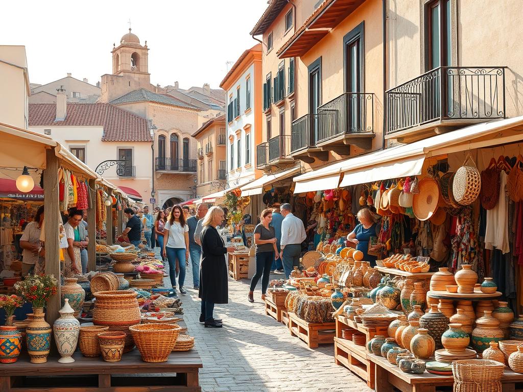 A bustling outdoor marketplace in a charming Spanish town, showcasing a diverse array of handcrafted artisanal products. The foreground features an array of colorful, hand-woven baskets, pottery, and textiles displayed on rustic wooden platforms. In the middle ground, vendors greet customers, discussing the unique stories behind their creations. The background captures the historic architecture of the town, with terracotta roofs and wrought-iron balconies bathed in warm, golden sunlight. The scene exudes a vibrant, lively atmosphere, capturing the essence of Spain's rich artisanal heritage and the growing popularity of online marketplaces for traditional crafts. A bustling outdoor marketplace in a charming Spanish town, showcasing a diverse array of handcrafted artisanal products. The foreground features an array of colorful, hand-woven baskets, pottery, and textiles displayed on rustic wooden platforms. In the middle ground, vendors greet customers, discussing the unique stories behind their creations. The background captures the historic architecture of the town, with terracotta roofs and wrought-iron balconies bathed in warm, golden sunlight. The scene exudes a vibrant, lively atmosphere, capturing the essence of Spain's rich artisanal heritage and the growing popularity of online marketplaces for traditional crafts.
