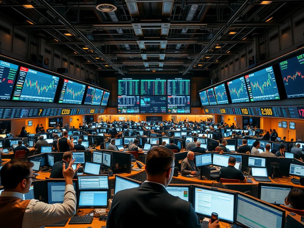 A bustling stock exchange floor, illuminated by warm overhead lighting and the glow of digital displays. In the foreground, a team of experienced traders gesticulate, analyzing real-time market data and executing trades with precision. The middle ground reveals a sea of workstations, each manned by a specialized market maker, their eyes fixed on multiple screens tracking liquidity and order flow. In the background, an array of large screens display live stock tickers, candlestick charts, and other financial visualizations, casting a subtle technocratic ambiance over the scene. The overall atmosphere conveys a sense of focused intensity, as the intricate mechanisms of the stock market operate in harmony. A bustling stock exchange floor, illuminated by warm overhead lighting and the glow of digital displays. In the foreground, a team of experienced traders gesticulate, analyzing real-time market data and executing trades with precision. The middle ground reveals a sea of workstations, each manned by a specialized market maker, their eyes fixed on multiple screens tracking liquidity and order flow. In the background, an array of large screens display live stock tickers, candlestick charts, and other financial visualizations, casting a subtle technocratic ambiance over the scene. The overall atmosphere conveys a sense of focused intensity, as the intricate mechanisms of the stock market operate in harmony.