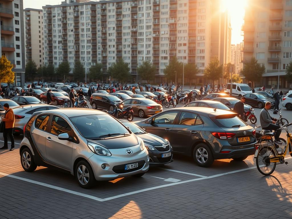 A bustling urban plaza filled with cars and people sharing parking spaces. In the foreground, a compact electric vehicle is parallel parked next to a compact sedan, the owners chatting amicably as they coordinate their parking arrangement. The mid-ground features a mix of cars, motorcycles, and bicycles, all efficiently utilizing the limited space. Warm afternoon sunlight filters through tall buildings, casting long shadows across the scene. The background depicts a row of multi-story apartment buildings, suggesting a dense residential neighborhood. The overall mood is one of shared community, cooperation, and the innovative use of technology to optimize urban parking. A bustling urban plaza filled with cars and people sharing parking spaces. In the foreground, a compact electric vehicle is parallel parked next to a compact sedan, the owners chatting amicably as they coordinate their parking arrangement. The mid-ground features a mix of cars, motorcycles, and bicycles, all efficiently utilizing the limited space. Warm afternoon sunlight filters through tall buildings, casting long shadows across the scene. The background depicts a row of multi-story apartment buildings, suggesting a dense residential neighborhood. The overall mood is one of shared community, cooperation, and the innovative use of technology to optimize urban parking.