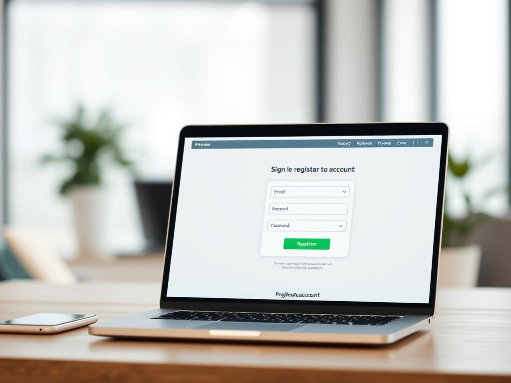 A clean, modern website registration interface with a professional, minimalist design. The foreground features a simple sign-up form with fields for email, password, and account creation. The middle ground showcases a laptop display presenting the website's homepage, conveying a sense of digital productivity. The background depicts a soft, blurred office setting with neutral tones, subtle lighting, and a hint of technology in the form of a smartphone or tablet. Overall, the image should exude a calm, efficient atmosphere suitable for illustrating the "Cómo empezar paso a paso: registro, elección de tareas y primeras ganancias" section of the article on Amazon Mechanical Turk microtasks.