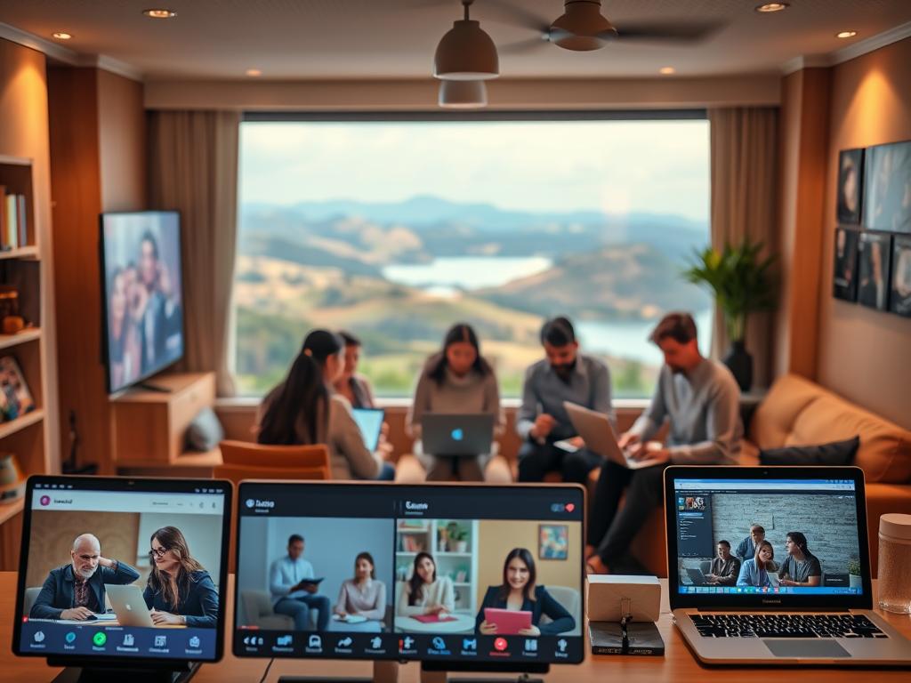 A cozy and inviting online learning environment, with a sleek and modern design. In the foreground, various course icons and thumbnails are neatly arranged, showcasing a diverse range of educational offerings. The middle ground features a group of people engaged in dynamic, interactive learning sessions, their faces illuminated by the soft glow of their laptop screens. In the background, a serene and calming landscape unfolds, with rolling hills and a serene body of water, creating a sense of tranquility and focus. The lighting is warm and natural, casting a gentle radiance across the scene, and the camera angle is slightly elevated, providing a comprehensive and visually appealing perspective.
