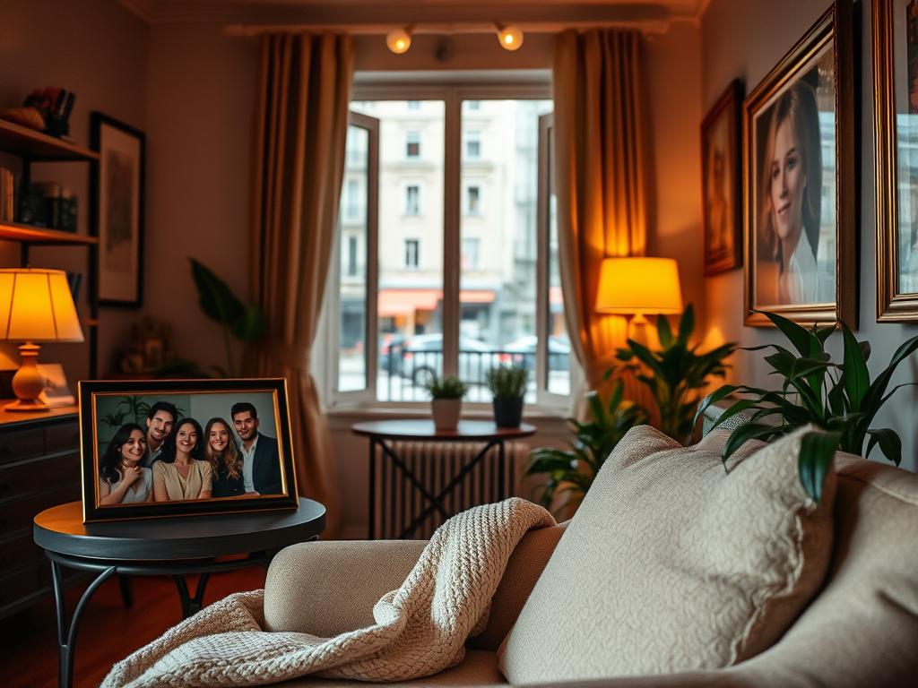 A cozy apartment interior, filled with warm lighting and inviting decor. In the foreground, a plush armchair with a soft throw blanket, beckoning guests to sink in and relax. On a side table, a framed photograph of smiling guests, the "Favorito entre huéspedes." In the middle ground, a window overlooks a bustling city street, creating a sense of urban charm. The background features tasteful artwork and plants, adding to the homely atmosphere. The overall scene conveys a welcoming, comfortable space that caters to the needs and preferences of the most discerning guests. A cozy apartment interior, filled with warm lighting and inviting decor. In the foreground, a plush armchair with a soft throw blanket, beckoning guests to sink in and relax. On a side table, a framed photograph of smiling guests, the "Favorito entre huéspedes." In the middle ground, a window overlooks a bustling city street, creating a sense of urban charm. The background features tasteful artwork and plants, adding to the homely atmosphere. The overall scene conveys a welcoming, comfortable space that caters to the needs and preferences of the most discerning guests.