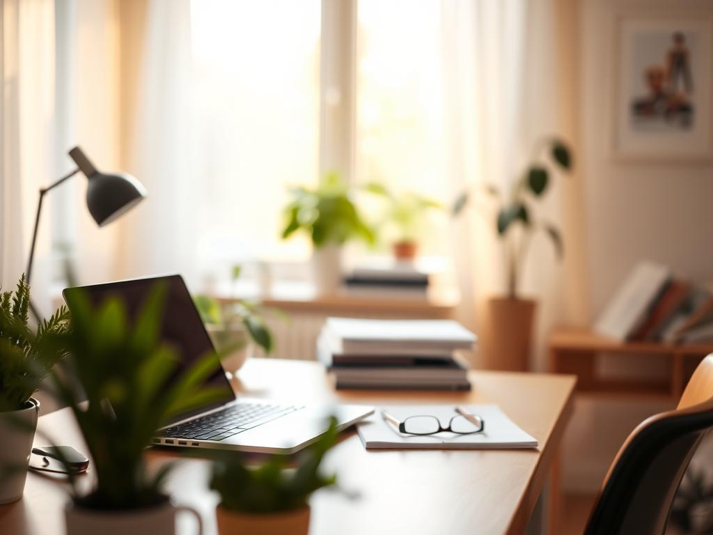 A cozy home office with a minimalist desk, a laptop, and a few plants in the foreground. In the middle ground, a stack of papers and a pair of glasses, hinting at the intellectual work being done. The background is softly blurred, suggesting a tranquil, distraction-free environment. The lighting is warm and natural, casting a golden glow over the scene. The overall atmosphere conveys a sense of productivity, focus, and the comfort of working from the familiar surroundings of one's own home.