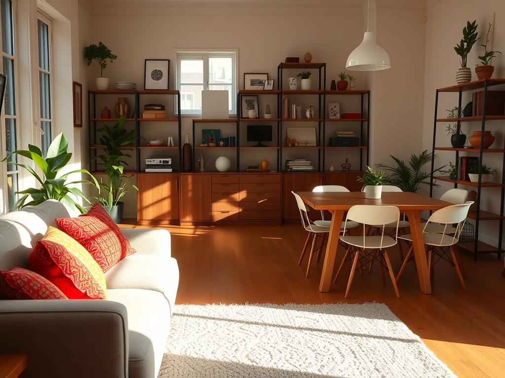 A cozy, well-appointed apartment interior showcasing the charming amenities that make it a favorite Airbnb rental. In the foreground, a plush, inviting sofa adorned with vibrant throw pillows sits atop a soft, textured rug. Sunlight filters in through large windows, illuminating the space with a warm, welcoming glow. In the middle ground, a wooden dining table with modern, minimalist chairs stands ready for meals and gatherings. The background features stylish shelving displaying a variety of decorative accents, plants, and personal touches that give the space a lived-in, homey feel. An atmosphere of comfort, style, and attention to detail pervades the scene, capturing the essence of a memorable Airbnb stay. A cozy, well-appointed apartment interior showcasing the charming amenities that make it a favorite Airbnb rental. In the foreground, a plush, inviting sofa adorned with vibrant throw pillows sits atop a soft, textured rug. Sunlight filters in through large windows, illuminating the space with a warm, welcoming glow. In the middle ground, a wooden dining table with modern, minimalist chairs stands ready for meals and gatherings. The background features stylish shelving displaying a variety of decorative accents, plants, and personal touches that give the space a lived-in, homey feel. An atmosphere of comfort, style, and attention to detail pervades the scene, capturing the essence of a memorable Airbnb stay.