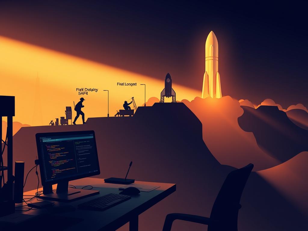 A detailed multi-layered illustration of the step-by-step mobile app development process, from initial strategy to final launch. In the foreground, a developer workstation with code editor, design software, and project management tools. In the middle ground, a progression of development stages - ideation, prototyping, testing, optimization. In the background, a launch pad silhouette, representing the final app deployment. The scene is bathed in a warm, technical glow, with clean, minimalist aesthetics. Dramatic lighting casts long shadows, highlighting the systematic, step-by-step nature of the process. A sense of focus, progress, and anticipation pervades the composition.