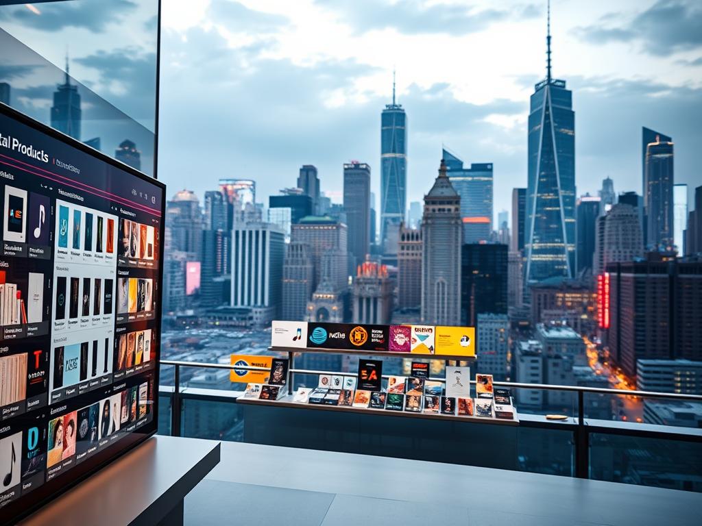 A digital storefront showcasing an array of digital products, set against a vibrant city skyline. The foreground features an online marketplace interface with sleek icons, category listings, and product thumbnails. The middle ground depicts a variety of digital products, including e-books, software, music, and online courses. In the background, a bustling urban landscape with skyscrapers, neon lights, and a sense of technology-driven progress. The scene is illuminated by a warm, diffused lighting, creating a professional, yet inviting atmosphere. The overall composition conveys the opportunities and potential of the digital products market.
