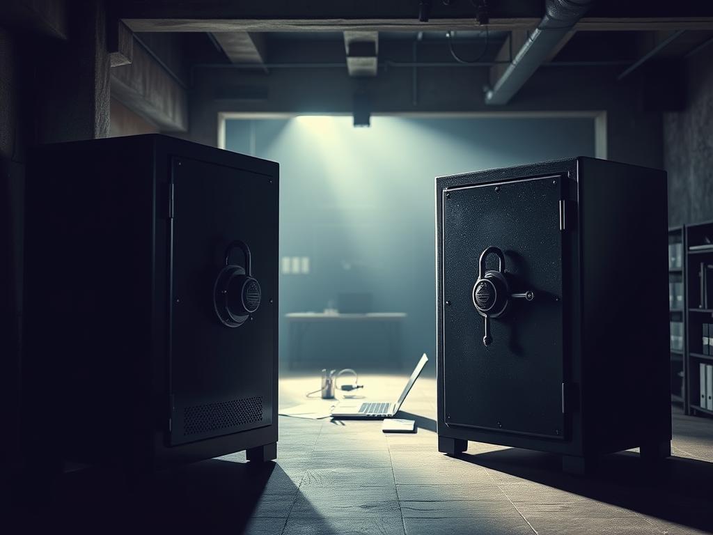 A dimly lit, industrial-style room with concrete walls and exposed steel beams. In the foreground, a large, sturdy safe with intricate lock mechanisms dominates the scene, casting long shadows. The middle ground features a desk with a laptop and various technical documents, suggesting the importance of secure data and information management. The background is hazy, with a sense of depth and the faint outlines of shelving or storage units, emphasizing the need for comprehensive security measures. The overall mood is one of precision, reliability, and attention to detail, conveying the critical role of technical translation in ensuring safety, quality, and compliance. A dimly lit, industrial-style room with concrete walls and exposed steel beams. In the foreground, a large, sturdy safe with intricate lock mechanisms dominates the scene, casting long shadows. The middle ground features a desk with a laptop and various technical documents, suggesting the importance of secure data and information management. The background is hazy, with a sense of depth and the faint outlines of shelving or storage units, emphasizing the need for comprehensive security measures. The overall mood is one of precision, reliability, and attention to detail, conveying the critical role of technical translation in ensuring safety, quality, and compliance.