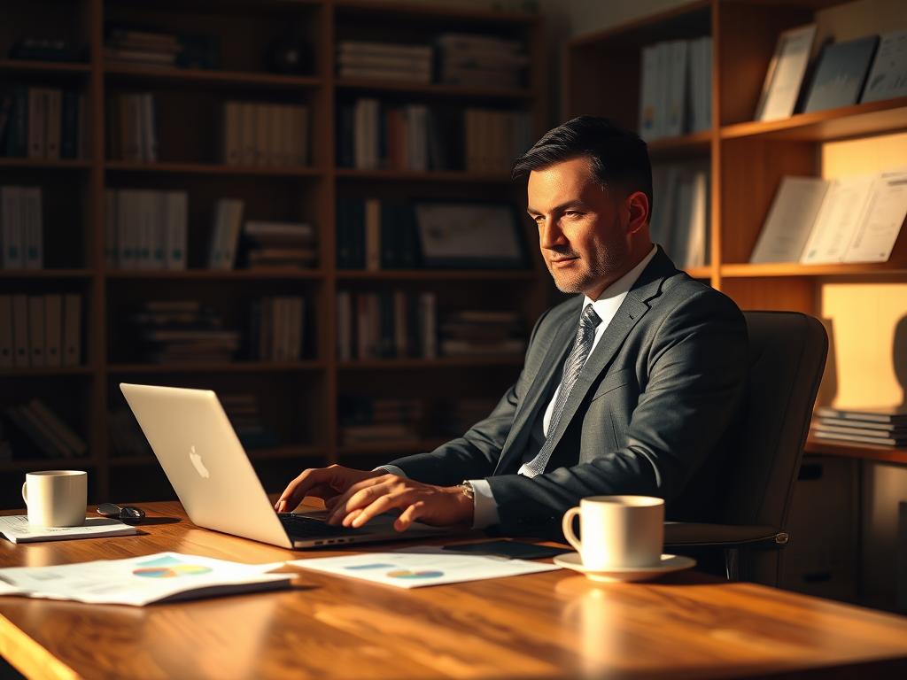 A dimly lit office setting, with a wooden desk and chair in the foreground. On the desk, a laptop, some papers, and a cup of coffee. The background features shelves filled with books and financial documents, casting long shadows across the room. The lighting is a warm, golden hue, creating a contemplative atmosphere. A businessman, wearing a crisp suit, sits at the desk, his brow furrowed as he reviews charts and graphs, pondering investment strategies from short-term to long-term. The scene captures the thoughtful deliberation of an individual navigating the complexities of financial planning, from immediate decisions to long-term financial security. A dimly lit office setting, with a wooden desk and chair in the foreground. On the desk, a laptop, some papers, and a cup of coffee. The background features shelves filled with books and financial documents, casting long shadows across the room. The lighting is a warm, golden hue, creating a contemplative atmosphere. A businessman, wearing a crisp suit, sits at the desk, his brow furrowed as he reviews charts and graphs, pondering investment strategies from short-term to long-term. The scene captures the thoughtful deliberation of an individual navigating the complexities of financial planning, from immediate decisions to long-term financial security.