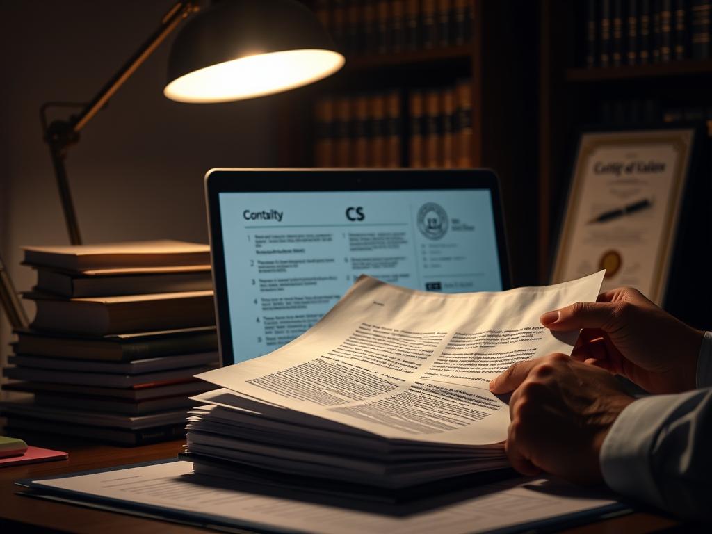 A dimly lit office space, the soft glow of a desk lamp illuminating stacks of legal documents and a laptop screen displaying intricate legal terminology. In the foreground, a pair of experienced hands carefully reviewing a contract, their meticulous attention to detail evident. The mid-ground features a high-quality translation software, its interface showcasing quality metrics and certification seals, symbolizing the specialized expertise and rigorous quality control processes of a seasoned legal translator. The background subtly hints at the broader legal landscape, with a bookshelf filled with law volumes and a framed certificate of accreditation, conveying the translator's commitment to professional development and adherence to industry standards.