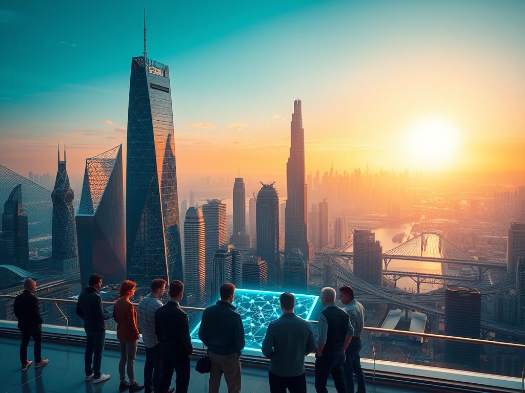 A futuristic cityscape bathed in a warm, ethereal glow. In the foreground, a group of people gathered around a holographic display, examining a complex blockchain diagram. The middle ground features a series of sleek, glass-and-steel towers, their facades adorned with intricate digital patterns. In the background, a sprawling network of bridges and skyscrapers stretches towards the horizon, hinting at the technological sophistication of this blockchain-powered metropolis. The scene exudes a sense of innovation, progress, and the seamless integration of blockchain technology into the fabric of urban life.