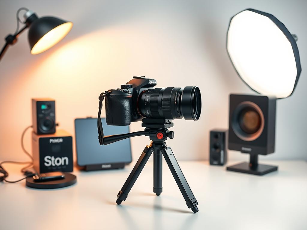 A high-quality professional photograph showcasing a modern camera setup on a clean, minimalist desk. The camera is a sleek, high-end DSLR with a premium telephoto lens, resting on a sturdy tripod. Soft, directional lighting from a large softbox illuminates the scene, creating a warm, studio-quality ambiance. The background is a seamless white backdrop, allowing the camera equipment to be the focal point. The overall composition emphasizes the importance of quality gear and attention to detail in producing exceptional photographic results. A high-quality professional photograph showcasing a modern camera setup on a clean, minimalist desk. The camera is a sleek, high-end DSLR with a premium telephoto lens, resting on a sturdy tripod. Soft, directional lighting from a large softbox illuminates the scene, creating a warm, studio-quality ambiance. The background is a seamless white backdrop, allowing the camera equipment to be the focal point. The overall composition emphasizes the importance of quality gear and attention to detail in producing exceptional photographic results.