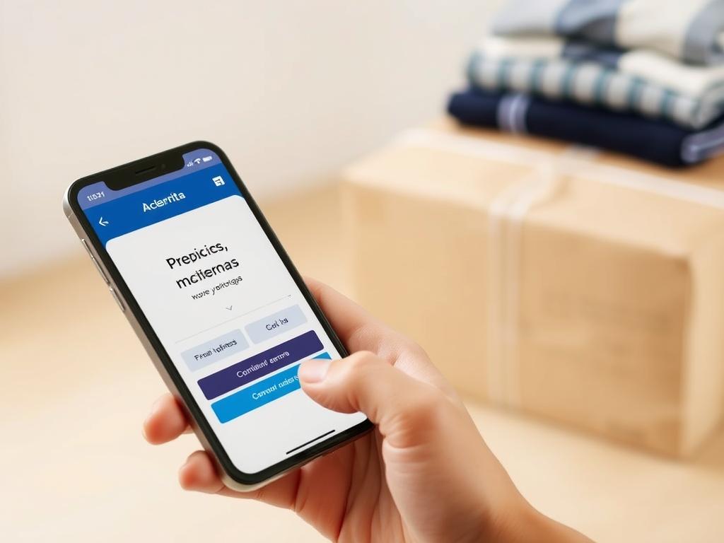 A high-quality, well-lit photograph of an online payment transaction, with a smart mobile device displaying the "Precios, pagos y entregas" interface. In the foreground, a person's hand holding the phone, and in the background, a stack of folded clothes and a parcel ready for delivery. The scene conveys a sense of secure and efficient e-commerce, with a clean, professional aesthetic that aligns with the article's focus on safe and profitable used clothing sales on Facebook Marketplace.