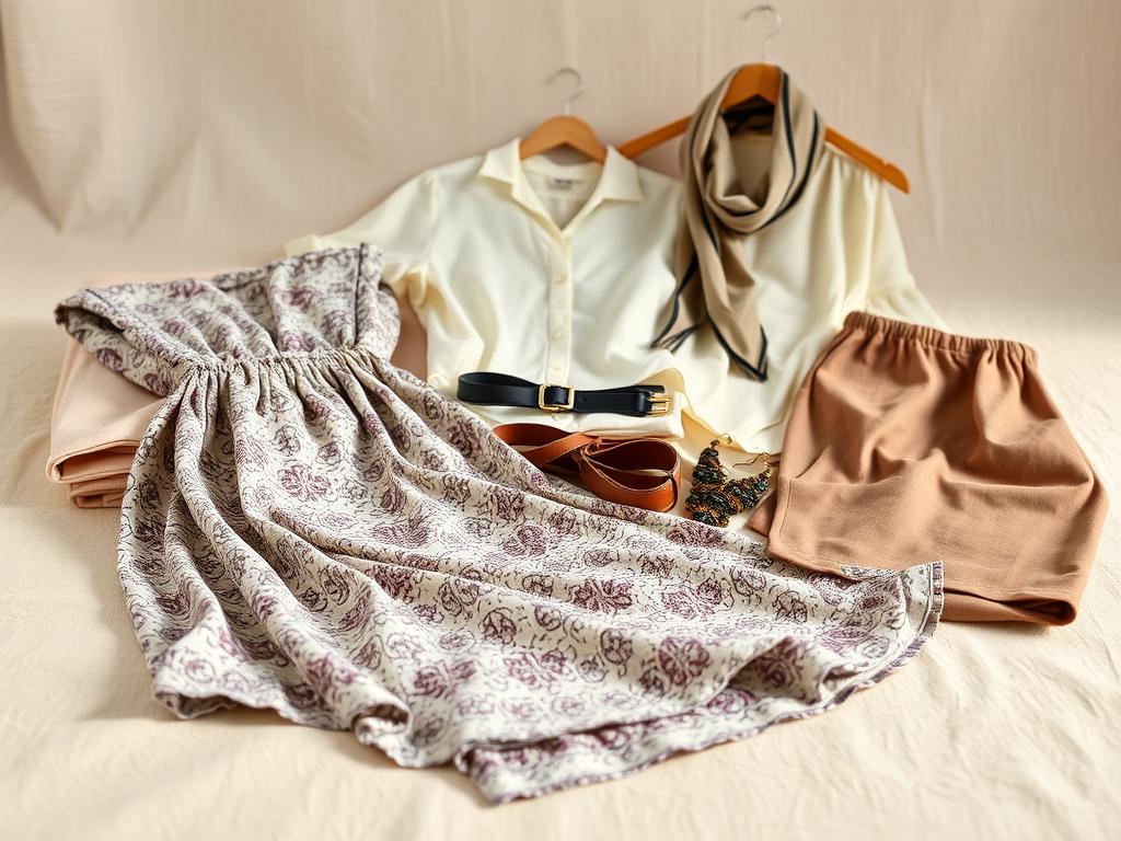 A high-quality, well-lit still life scene of a selection of authentic vintage clothing items, carefully arranged on a clean, neutral-colored surface. The foreground features a carefully folded vintage dress, blouse, and pair of pants, showcasing their intricate patterns, textures, and attention to detail that characterize true vintage pieces. The middle ground includes accessories like a vintage belt, scarf, and jewelry, complementing the clothing. The background has a softly blurred, clean backdrop, allowing the vintage items to be the focal point. The lighting is natural and indirect, creating a warm, inviting ambiance that highlights the timeless elegance of the vintage garments.