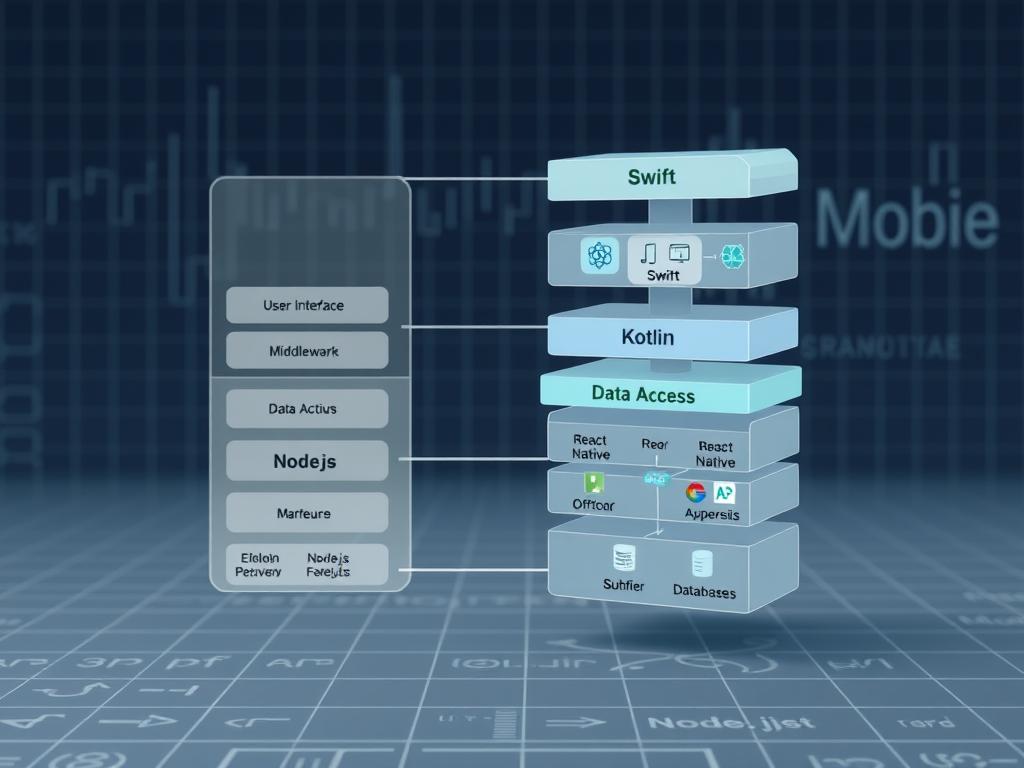 A highly technical and architectural illustration of a "pila tecnológica", or technology stack, for mobile app development. In the foreground, a detailed schematic diagram depicting the layered structure of the stack, including the user interface, middleware, data access, and infrastructure components. The middle ground showcases various programming languages, frameworks, and tools utilized within each layer, such as Swift, Kotlin, React Native, Flutter, Node.js, and databases. In the background, a subtle grid pattern or blueprint-like environment suggests the overall technical complexity and structure of the system. The image conveys a sense of technical sophistication, engineering prowess, and the multifaceted nature of modern mobile app architecture.