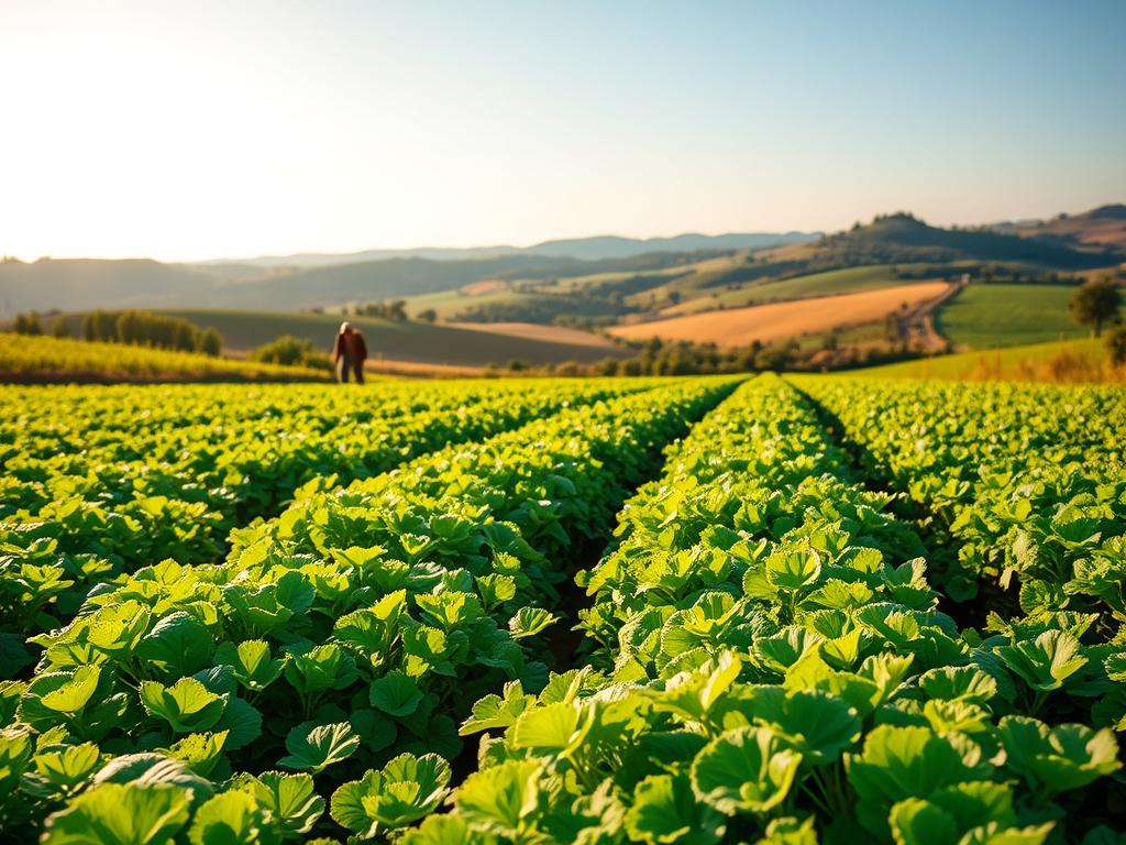 A lush, verdant farm landscape showcasing the benefits of sustainable agriculture. In the foreground, rows of thriving crops and vibrant, healthy vegetation thrive under the warm, golden sunlight. In the middle ground, a farmer tends to the land using eco-friendly tools and techniques, emphasizing the harmony between human and nature. In the background, rolling hills and a clear blue sky create a serene, idyllic setting. The image conveys a sense of abundance, environmental stewardship, and the profound advantages of investing in sustainable farming practices. A lush, verdant farm landscape showcasing the benefits of sustainable agriculture. In the foreground, rows of thriving crops and vibrant, healthy vegetation thrive under the warm, golden sunlight. In the middle ground, a farmer tends to the land using eco-friendly tools and techniques, emphasizing the harmony between human and nature. In the background, rolling hills and a clear blue sky create a serene, idyllic setting. The image conveys a sense of abundance, environmental stewardship, and the profound advantages of investing in sustainable farming practices.