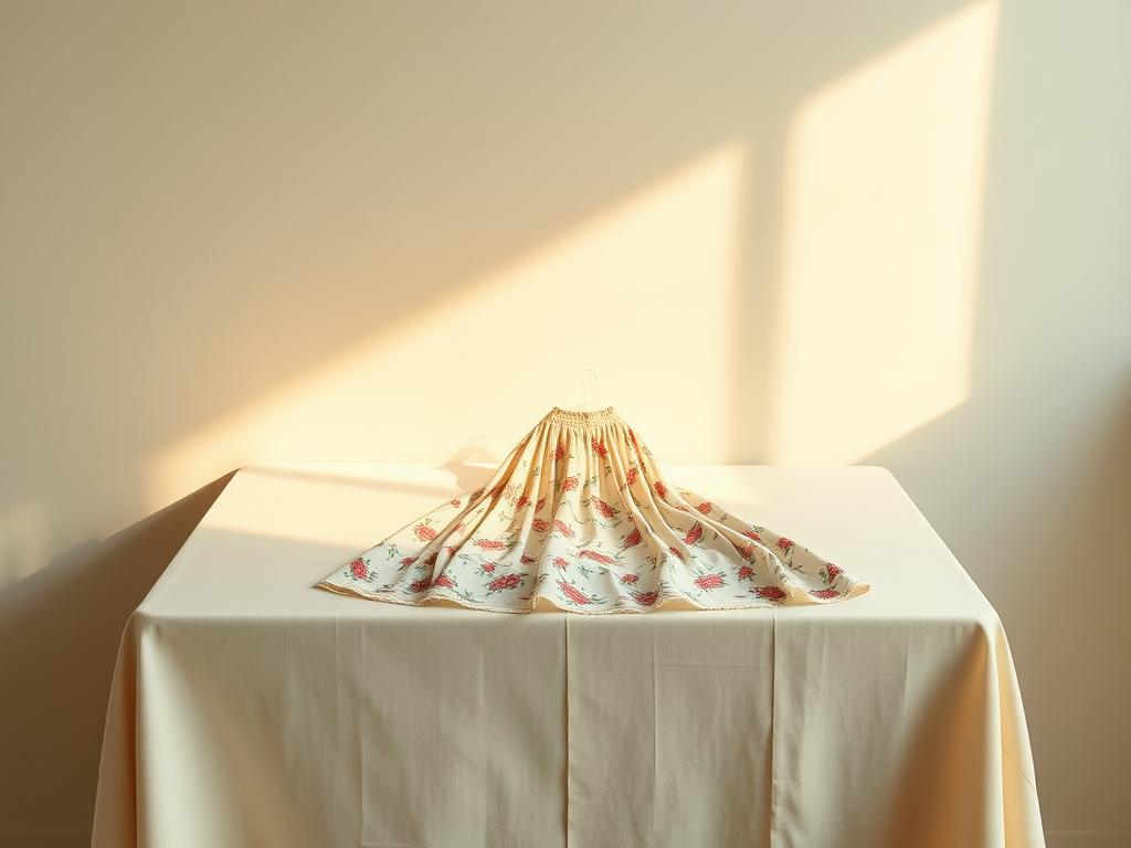 A meticulously styled vintage clothing product photography setup, featuring a well-lit, minimalist table surface with a neutral colored backdrop. A single, high-quality vintage garment, such as a floral summer dress, is artfully displayed, showcasing its intricate details and textures. Soft, warm lighting accentuates the garment's material and color, creating a sense of timelessness and elegance. The camera angle is slightly elevated, capturing the product from an angle that highlights its best features. The overall composition is visually balanced, drawing the viewer's eye to the central subject in a visually compelling manner.