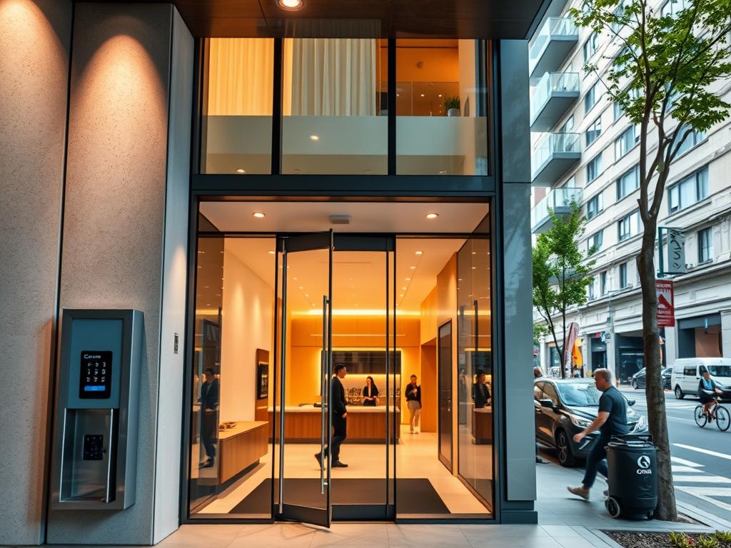 A modern apartment building with a secure entrance and accessible lobby. The foreground shows a well-lit entryway with a sleek security access panel, reinforced glass doors, and a clear view to the street beyond. The middle ground features a spacious, inviting lobby with clean lines, warm lighting, and an open, accessible layout. The background depicts a bustling urban street, with people walking, cycling, and navigating the sidewalks - all connected to the secure, accessible building. The overall mood is one of safety, convenience, and seamless integration with the surrounding neighborhood. A modern apartment building with a secure entrance and accessible lobby. The foreground shows a well-lit entryway with a sleek security access panel, reinforced glass doors, and a clear view to the street beyond. The middle ground features a spacious, inviting lobby with clean lines, warm lighting, and an open, accessible layout. The background depicts a bustling urban street, with people walking, cycling, and navigating the sidewalks - all connected to the secure, accessible building. The overall mood is one of safety, convenience, and seamless integration with the surrounding neighborhood.