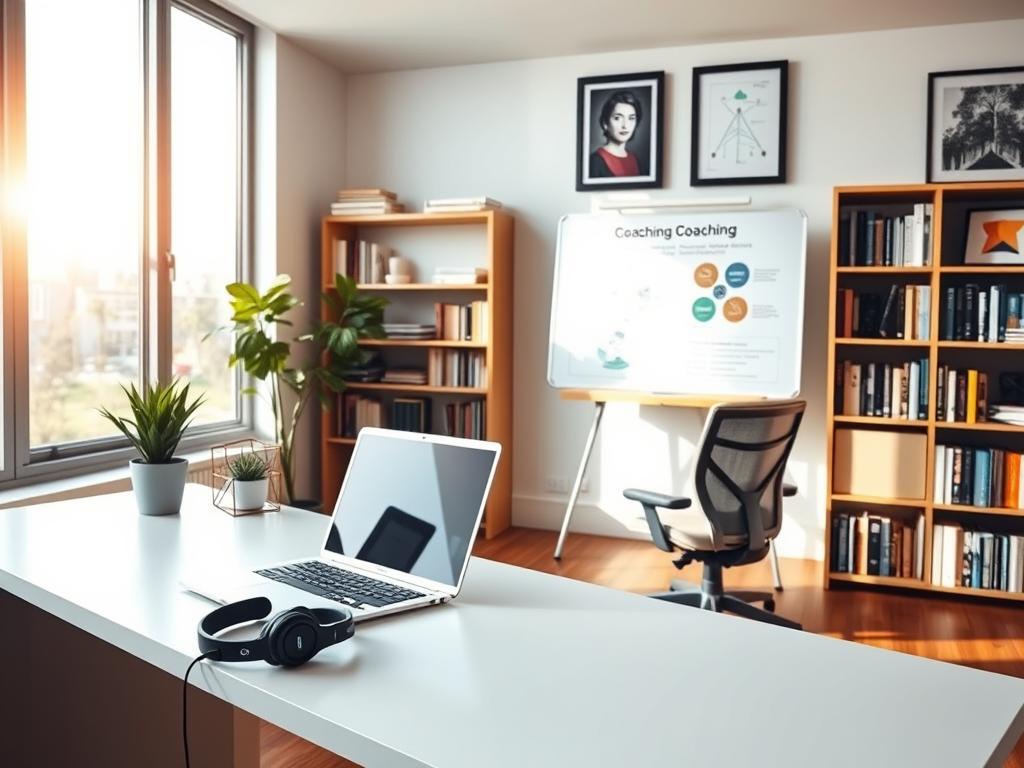 A modern digital coaching workspace, bathed in warm, natural lighting from large windows. In the foreground, a sleek, minimalist desk with a laptop, wireless headphones, and a stylish desk plant. The middle ground features a comfortable, ergonomic chair and a digital whiteboard displaying coaching frameworks and diagrams. In the background, bookshelves filled with professional development resources, and framed artwork reflecting the themes of personal growth and transformation. The overall atmosphere is one of productivity, focus, and innovative digital coaching practices. A modern digital coaching workspace, bathed in warm, natural lighting from large windows. In the foreground, a sleek, minimalist desk with a laptop, wireless headphones, and a stylish desk plant. The middle ground features a comfortable, ergonomic chair and a digital whiteboard displaying coaching frameworks and diagrams. In the background, bookshelves filled with professional development resources, and framed artwork reflecting the themes of personal growth and transformation. The overall atmosphere is one of productivity, focus, and innovative digital coaching practices.