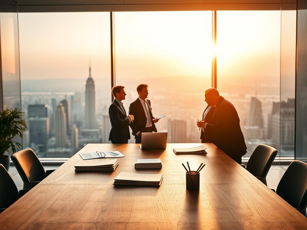 A modern, minimalist office setting with a large wooden conference table in the foreground. On the table, a stack of documents, a laptop, and a pen cup. The middle ground features a team of professionals in suits and business attire, engaged in a lively discussion. The background showcases a panoramic city skyline, bathed in warm, natural lighting streaming through floor-to-ceiling windows. The overall atmosphere conveys a sense of productivity, collaboration, and successful legal translations that drive business growth.