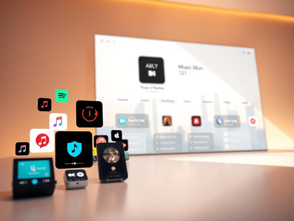 A modern, sleek music streaming service interface showcasing a curated selection of online services. In the foreground, various app icons and UI elements float against a minimalist, light-colored background, conveying a sense of simplicity and digital elegance. The middle ground features a smooth, gradient-based layout with subtle animations, highlighting the different service plans and pricing options. In the background, a soft, blurred cityscape or tech-inspired landscape provides a subtle contextual backdrop, reinforcing the digital, on-demand nature of the services. Warm, natural lighting casts a pleasant glow, creating a welcoming and approachable atmosphere. The overall composition should convey a sense of professionalism, accessibility, and the vast array of music streaming services available to the modern consumer.