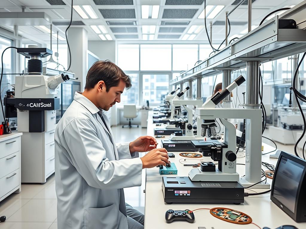 A modern, well-equipped quality control lab with an array of testing equipment, including a high-resolution microscope, digital scales, and calibration tools. The lab has a clean, organized layout with sleek, minimalist furniture and plenty of natural light streaming in through large windows. Scientists in white lab coats diligently inspect video game components, carefully measuring and analyzing every detail. The overall atmosphere is one of precision, professionalism, and a commitment to ensuring the highest standards of quality for the video game product. A modern, well-equipped quality control lab with an array of testing equipment, including a high-resolution microscope, digital scales, and calibration tools. The lab has a clean, organized layout with sleek, minimalist furniture and plenty of natural light streaming in through large windows. Scientists in white lab coats diligently inspect video game components, carefully measuring and analyzing every detail. The overall atmosphere is one of precision, professionalism, and a commitment to ensuring the highest standards of quality for the video game product.